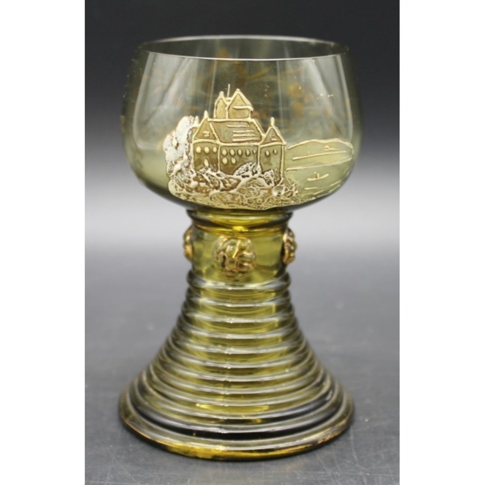 Vintage Roemer Wine Glass Amber Stem Hand Painted Gold Cottage Scene Goblet
